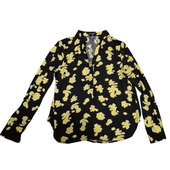 David Lerner Rocker Floral Blouse Womens Small Snap Long Sleeve Black Yellow - Picture 2 of 7